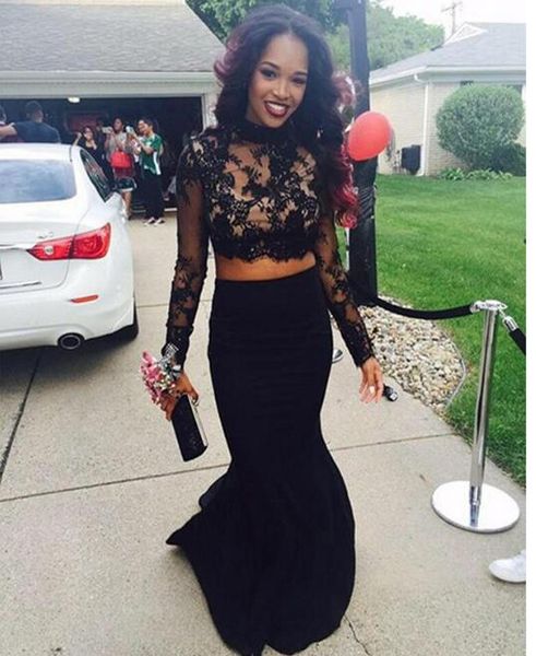 

two piece prom dress high neck appliqued black long sleeve lace mermaid backless evening dress party gown vestidos de renda 2017