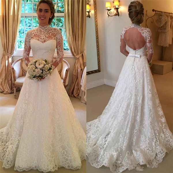 

high neck wedding dresses backless long sleeve bow belt full lace a line romantic 2020 new bridal gowns custom size, White