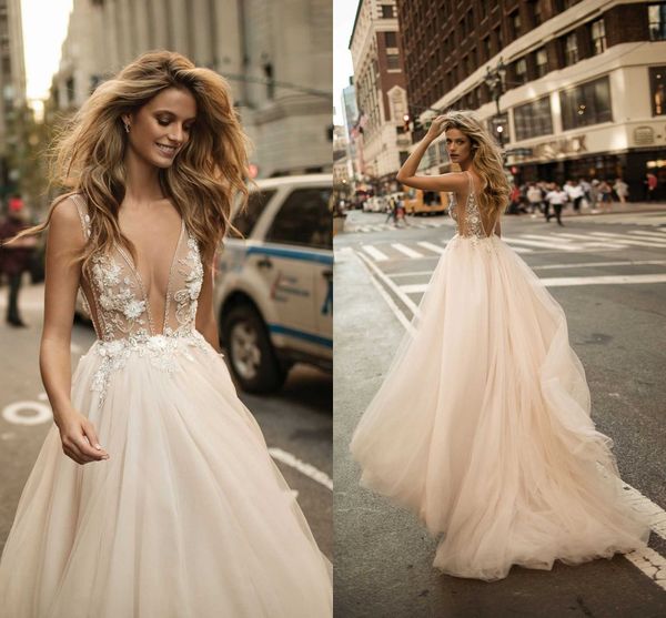 

2017 berta a line wedding gowns sheer 3d appliques beaded deep v-neck tulle beach bridal gowns, White