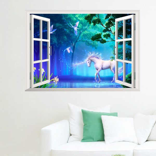 

3d window art mural wall stickers white horse forest wall decoration paper poster sun view window decal sticker