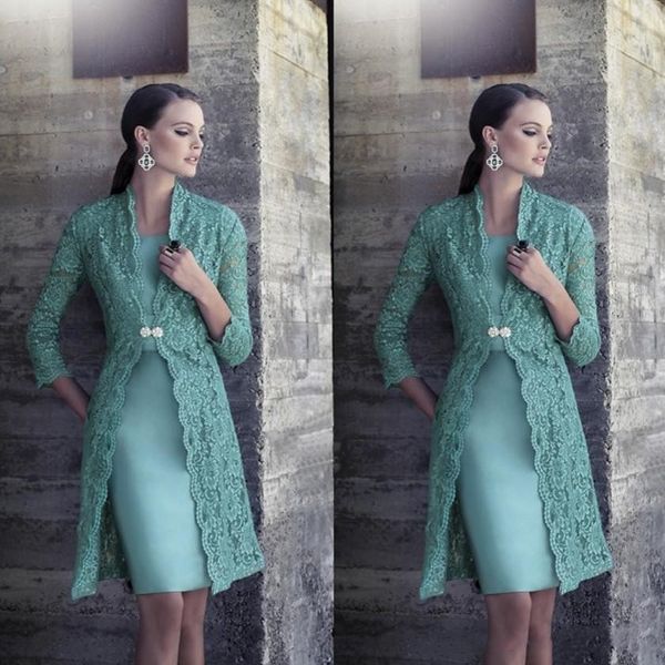 

turquoise plus size mother of bride dress with jacket long sleeves vintage lace knee length satin bride groom prom gowns, Black;red