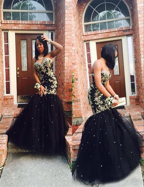 

sweetheart gold appliques beaded sequined tulle evening dresses formal party gowns vestido de gala black mermaid prom dresses