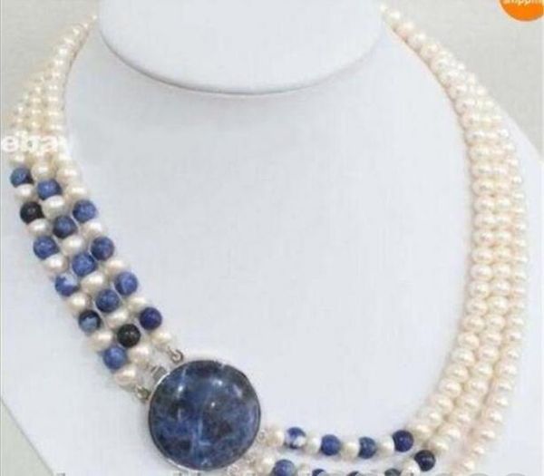 

3 rows natural 7-8mm white freshwater cultured pearl & lapis lazuli round beads, Silver