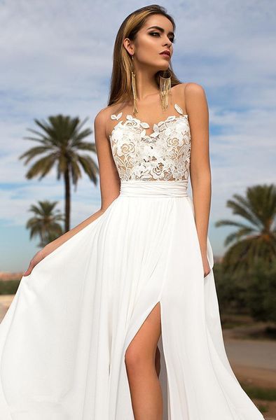 

2019 summer style wedding dresses high split lace tulle sleeveless a-line bohemia chiffon bridal gowns design custom made w1600, White