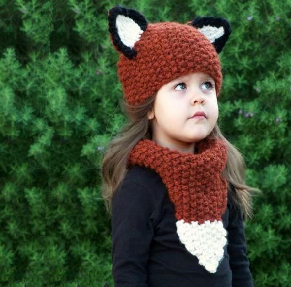 New Outono Inverno Do Bebê Caçoa o Chapéu Dos Desenhos Animados Raposa com Quente Lenço De Pescoço Two-piece Set Meninos Meninas Gorro de Malha Gorros Cachecol Crianças Chapéus M93