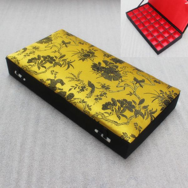 

high end 32 grid silk brocade box wood multi slot jewelry storage case earrings rings pendant packaging boxes wedding party gifts, Black;white