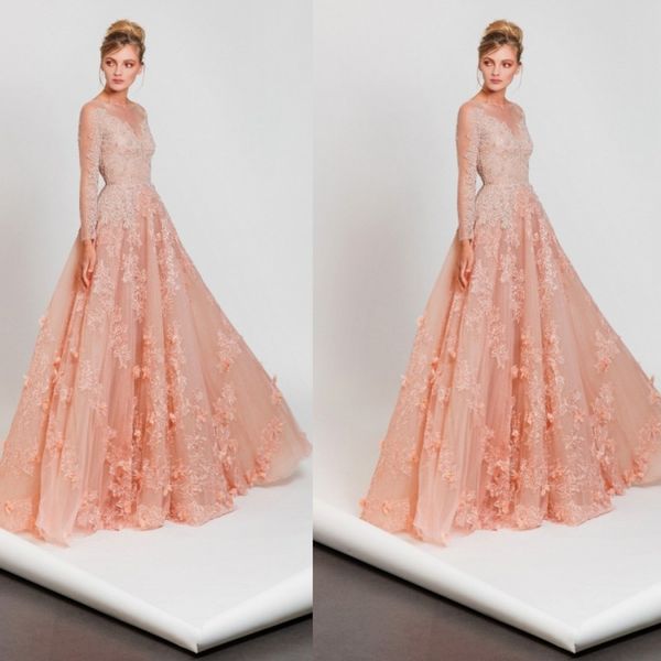 

tony ward 2019 long sleeve prom dresses lace applique flower a line evening gowns illusion bodice tulle formal dress, Black