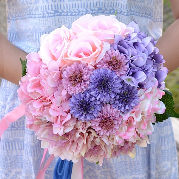 Buquês de casamento artificial vintage 2019 venda quente romântico hortênsia francês Dahlia rosas ramalhete nupcial flores diferentes flores do casamento