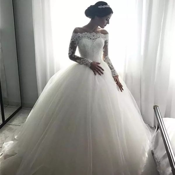 

off shoulder long sleeves ball gown wedding dresses bateau neck appliques tulle floor length 2018 elegant bridal dresses, White