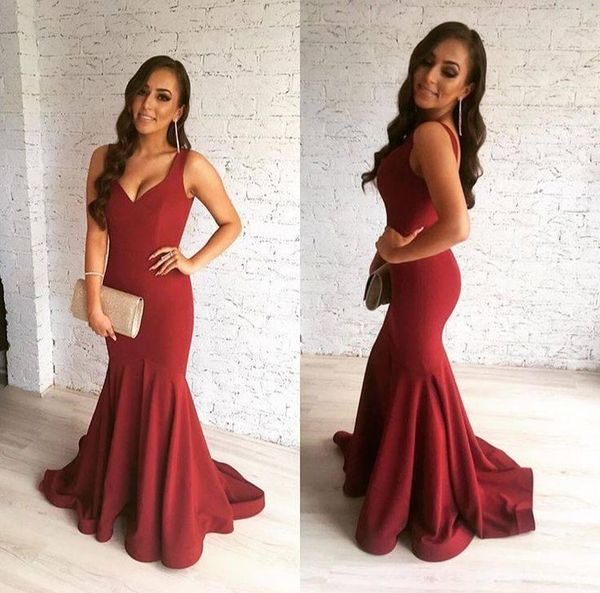 

2017 new red straps mermaid evening dresses simple sleeveless prom dresses long sweep train party gowns, Black;red