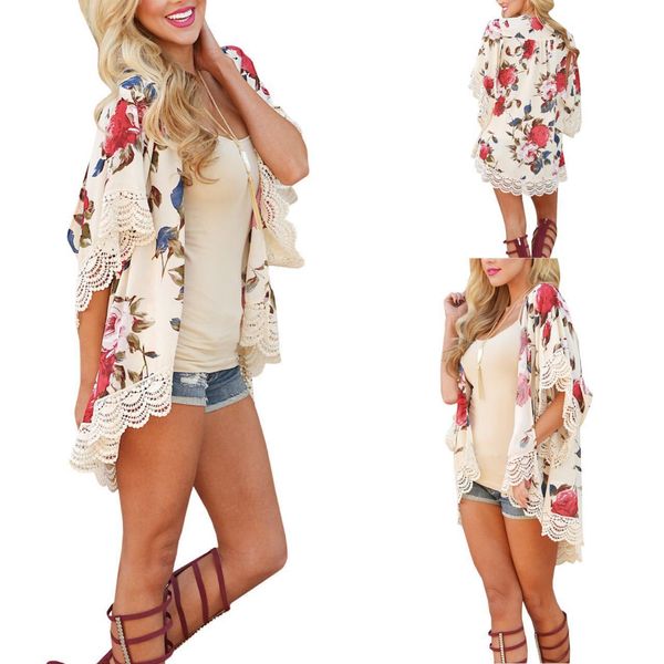 

Elegant Floral print long cardigan kimono blouses shirts women fashion chiffon lace top summer beach bohemian bikini swimwear cover ups hot