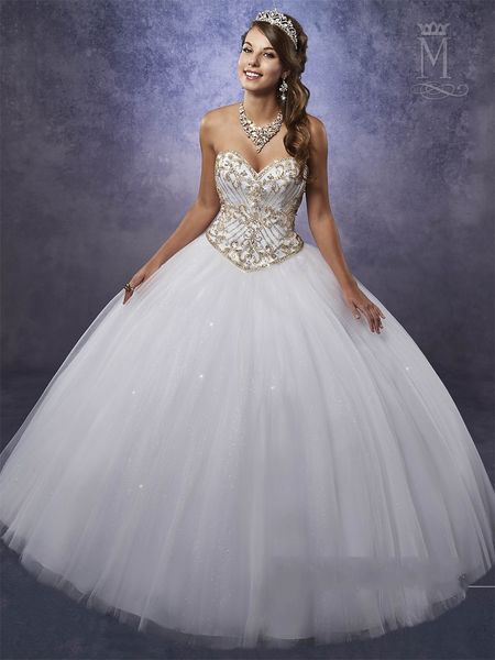 

Белые платья Quinceanera 2017 Mary's с золотыми бусами и украшенным лифом и свободным болеро из бисера Тюль Красивое сладкое платье 15