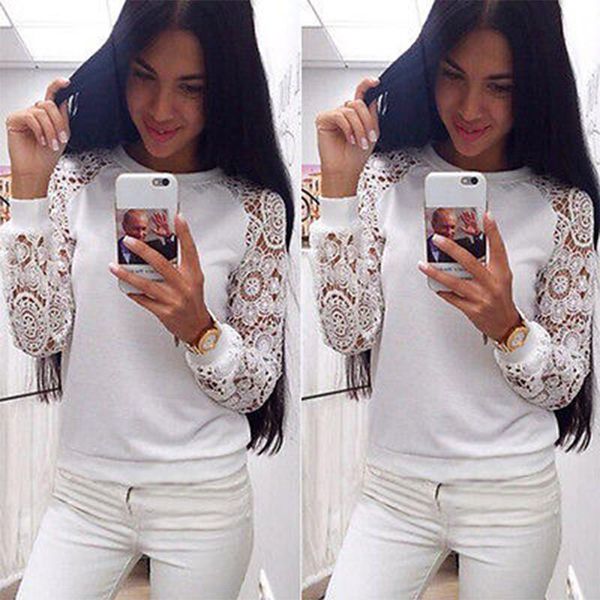 

wholesale- 2017 women long sleeve lace hoodies sweet casual sweatershirt pullover knitwear white lace casual t-shirt for ladies, Black