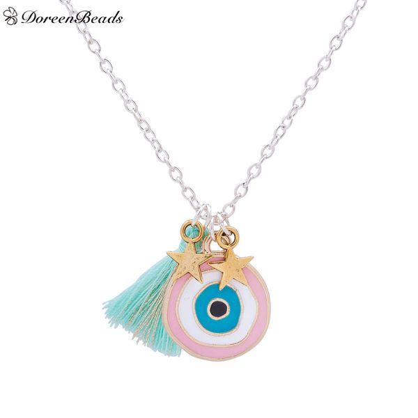 

wholesale-doreenbeads handmade bohemia turkey evil eye pendants necklace mint green tassel gold star fashion jewelry 44.5cm 1 piece, Silver