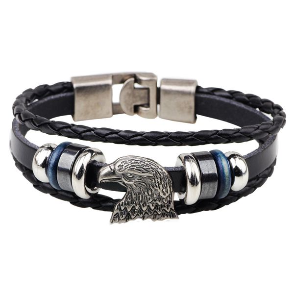 Cera Bracciale Femme Vintage Punk Uomo Uomo Rock Eagle Head Fascino Tibetano Multistrato Tessuto Bracciale in pelle Bracciale Intrecciato Bracciale Bigiotteria Hot