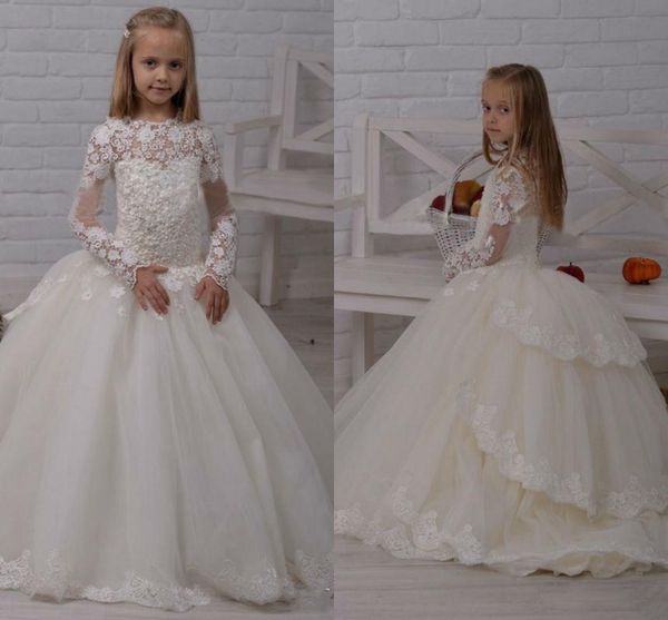 

2017 white lace appliques ball gown flower girl dresses tired kids wedding guest dress long sleeves court train pageant dresses, White;blue