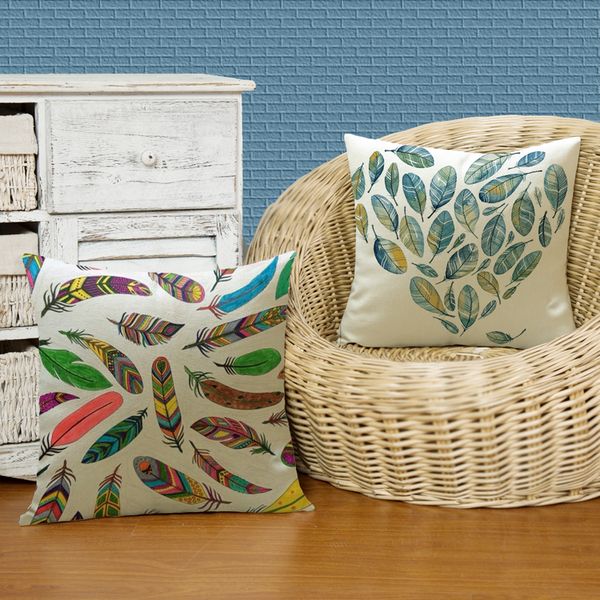 

feather double sides printing decorative pillow creative home furnishing cushion with linen cotton throw pillow case 17.7x17.7inch