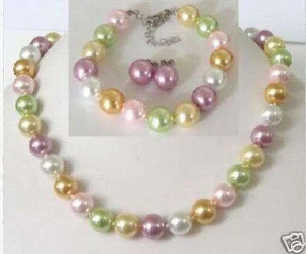 

8mm multicolor shell pearl necklace bracelet earring set, Black