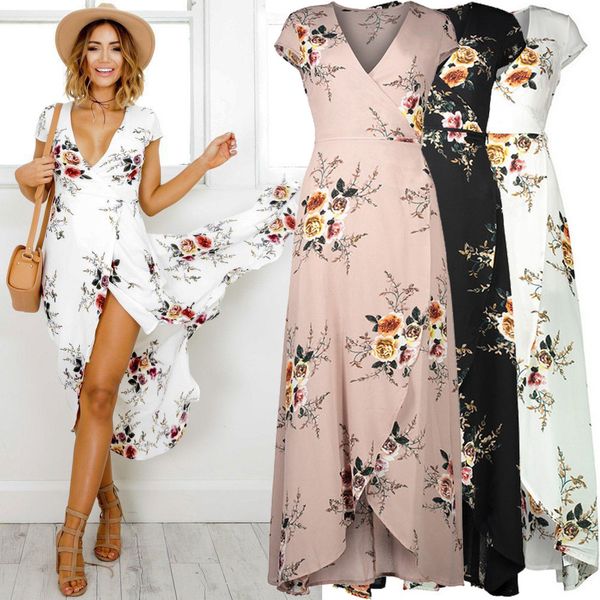 

Summer Casual Short Sleeve Irregular Asymmetrical V-Neck Flora Printed Maxi Bohemian Beach Long Hippie Boho Dress Dresses Sundress