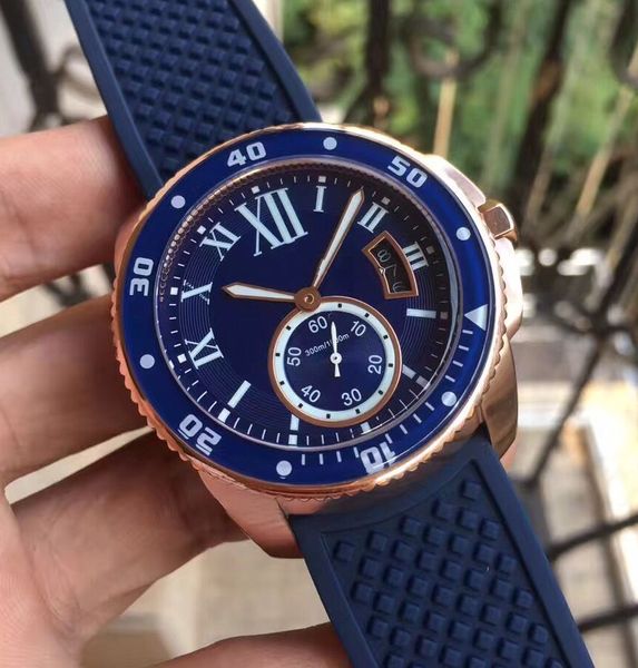 Orologio da polso da uomo con cinturino in gomma blu calibro DE Diver di alta qualità con movimento automatico WGCA0010 Orologi da polso da uomo in oro rosa 18 carati