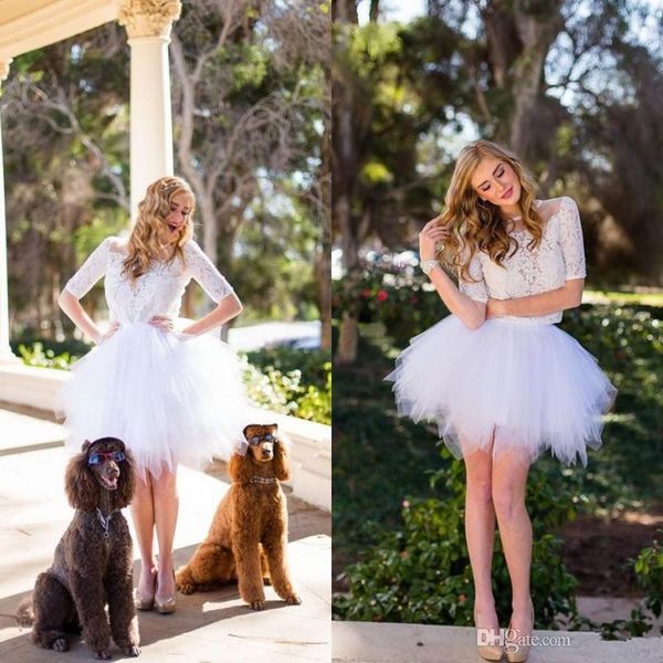 

новые прекрасные короткие свадебные платья половина рукава кружева топ оборками тюль юбка линия мини свадебные платья нестандартного размера, White