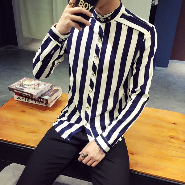 

wholesale- 2016 mens shirts men's dress shirt casual slim fit stylish long-sleeved striped shirts 2 colors size -5xl, White;black