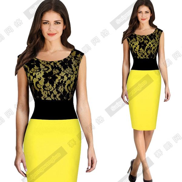 

европейские знаменитости же женщины одежды о-образным вырезом кружевное платье лоскутное без рукавов офис леди bodycon платье работа черный, Black;gray