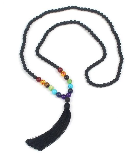 

multicolor natural stone tassel necklace lava stone rainbow yogo 7 chakra amethyst beads necklaces diffuser amulet jewelry christmas gift, Silver