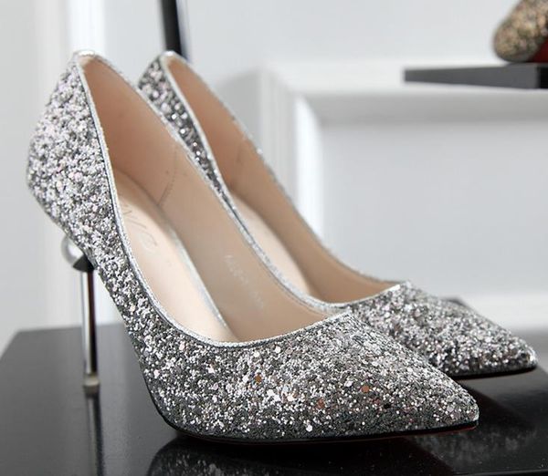 

women wedding bling sequined high-heeled shoes fashion glitter gorgeous party high heel pumps shoes gold silver red christmas gift 9.5cm, Black