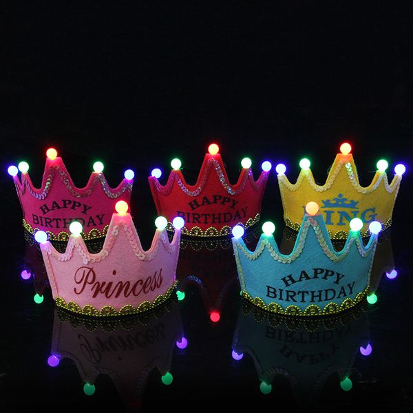 Coroa Levou Feliz Aniversário Cap Colorido Chapéu não tecido Rei Princesa Luminosa Led Aniversário Cap Hat Evento Festa Festival Decoração IC891