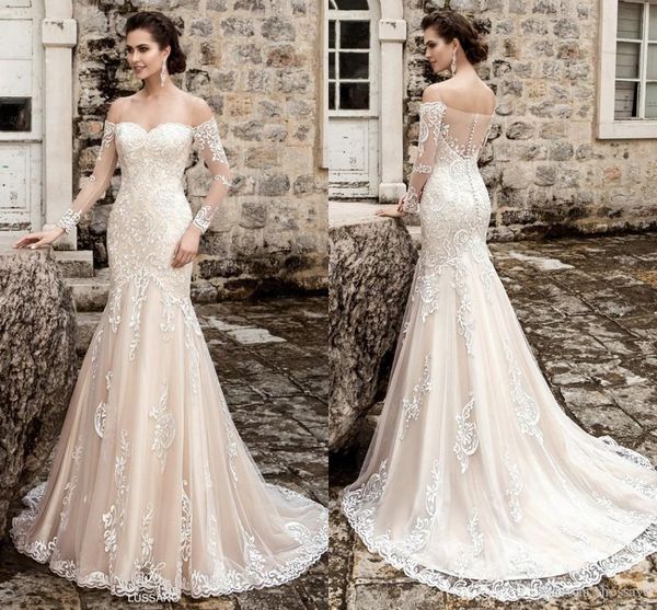 

new off the shoulder lace mermaid wedding dresses sheer long sleeve lace appliqued court train bridal gowns with buttons back as1280, White