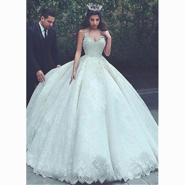 

junoesque lace v-neck neckline ball gown wedding dresses luxury style lace appliques beadings bridal wedding gowns plus size wedding dresses, White