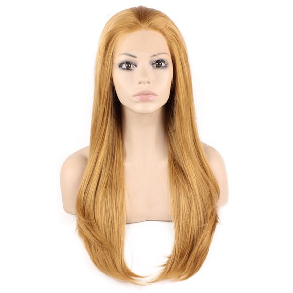

24" long blonde silky straight half hand tied heat resistant synthetic fiber lace front wig s02, Black