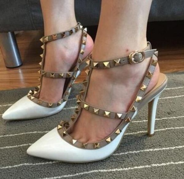 

free shipping Fashion desig patent leather Women Pumps Pointed Toe Sandals Slingback Studded T-Strap Rivet Valen High Heels shoes