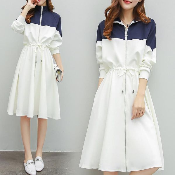 

jacket dress long sports long sleeve stand collar white blue matching color patchwork zipper pockets drawstring waisted dresses ship, Black;gray