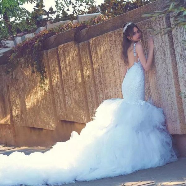 

said mhamad mermaid wedding dresses sweetheart lace backless wedding dress long tutu train gorgeous country style bridal gowns, White