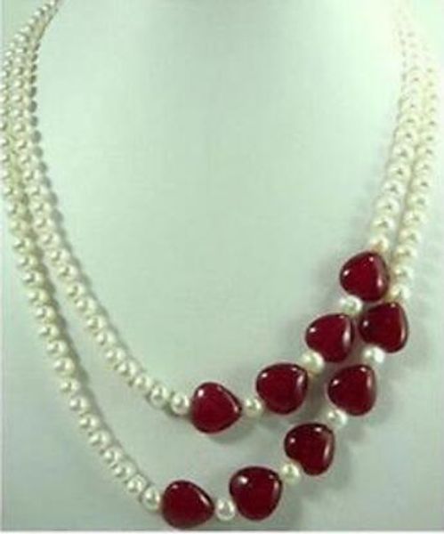 

2 rows of 7-8mm white pearl necklace red jade heart, Silver