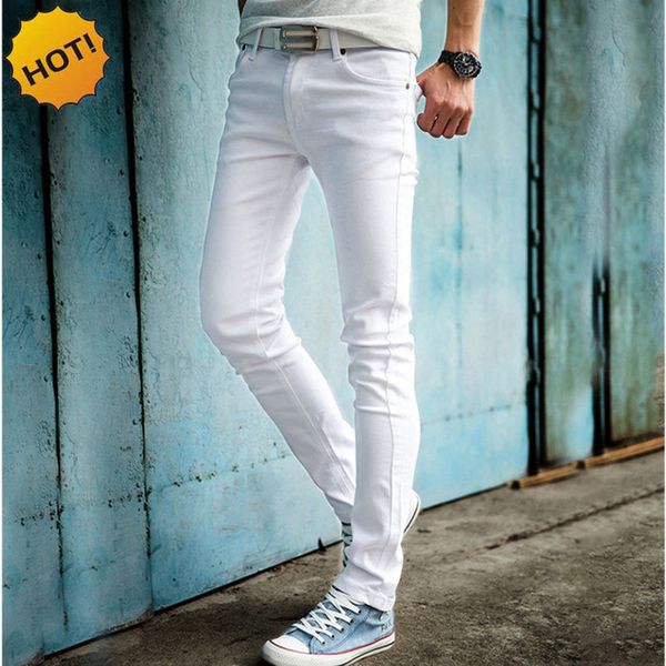 2017 Moda White Color Skinny Jeans Men Hip Hop Lápis Ponta de Teenagers Boys Casual Slim Fit Cuffed Bottoms 27-34