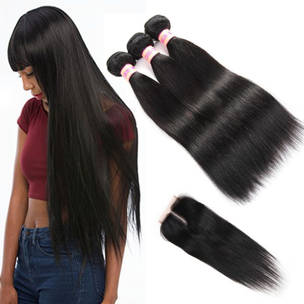 

10a brazilian hair 4 bundles with closure brazilian virgin straight hair extensions human hair bundle with lace closure, Black