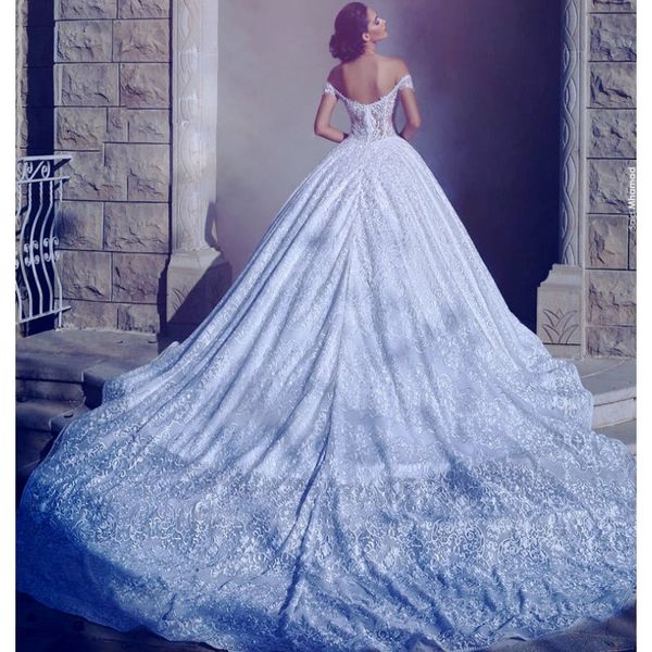 

gorgeous lace ball gown wedding dresses beads lace applique elegant off shoulder a-line wedding dress charming chapel train bridal gowns, White