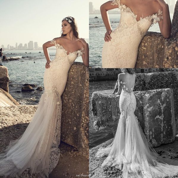 

2019 пляж новый спинки русалка свадебные платья с плеч кружева лиф дизайнер 3d-цветочные свадебные платья с развертки поезд, White