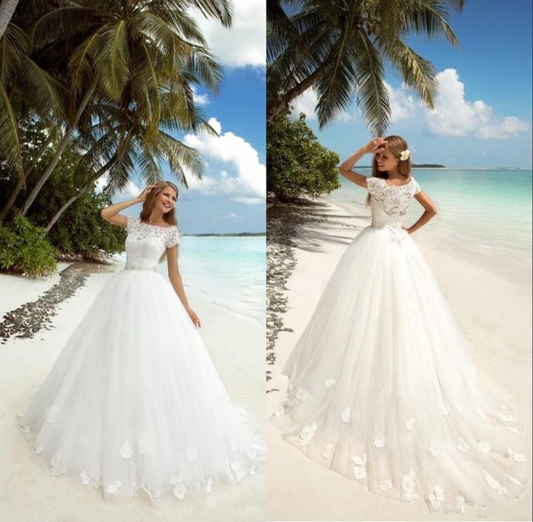 

romantic beach summer modest wedding dresses with short sleeves bateau lace beaded appliqued tulle sweep train bridal gowns, White