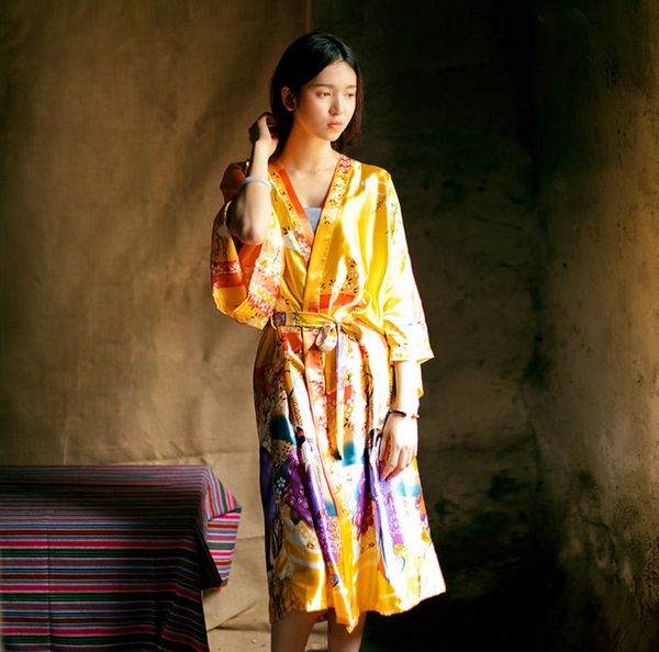 2017 Mulheres Cetim Étnico Kimono Robe Dama de honra Floral Imprimir Roupão Camisola Estilo Chinês Pijamas Vestido