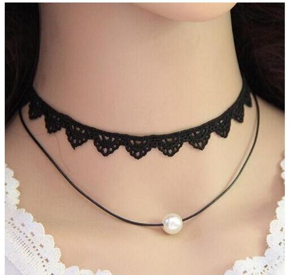 

3pcs/lot diy handmade concise pearl pendant necklace black lace two layer sweet jewelry 300*350*10mm women's ladies chokers necklace, Golden;silver