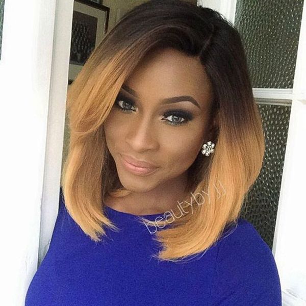 Short Bob Straight Glueless Lace Front Wig Free Part Short Dark