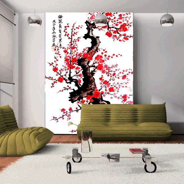 Acquista Nuovo Stile Cinese Prugna Rossa Arte Classica Su Misura Salute Tv Divano Sfondo Carta Da Parati Murale Casa Moderna Moda Camera Da Letto