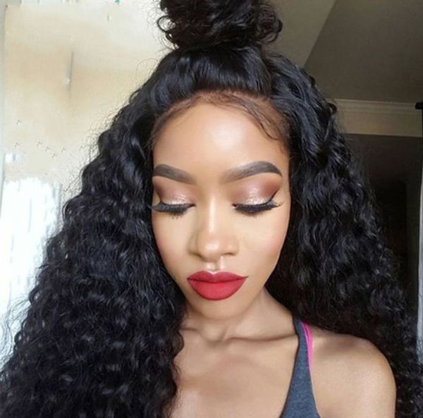 

full lace wig 130% density indian virgin hair deep curly wave lace front human hair wigs for black women fdshine hair, Black;brown