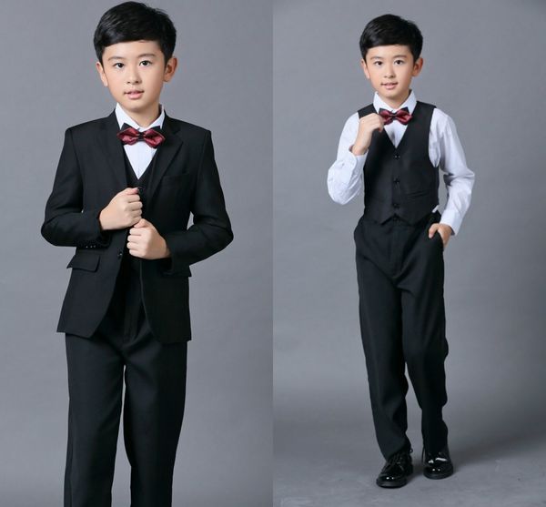 Cheap meninos roupas para casamentos menino preto terno cinco peça terno festa formal laço de laço calças colete camisa kids casamento ternos frete grátis em estoque