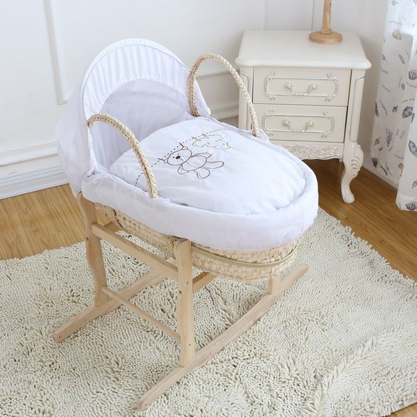 

3pcs cover set for infant moses basket waffle fabric embroidery bassinet bedding set inc quilt, skirt, hood&sheet