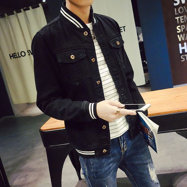 

wholesale- autumn winter black denim jacket men striped baseball collar windbreak mens jeans jackets pockets fashion slim fit male coats, Black;brown